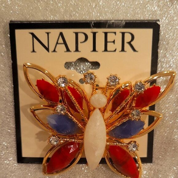 Napier Gold Butterfly Brooch with Red, Blue, and White Gems - Picture 1 of 2